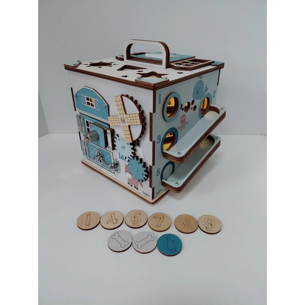 Boobo Toys Wooden Busy‎ Development Activity Cube Blue Undertones Size Medium